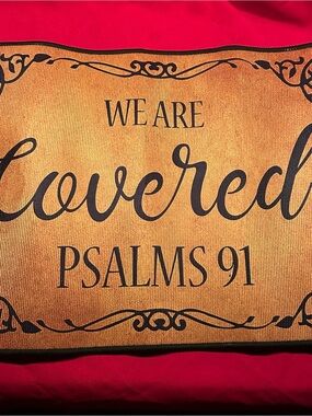 Faith Message 'We Are Covered - Psalms 91' Doormat in Tan and Black